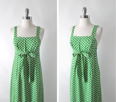 Vintage 70s Green White Polka Dot Wrap Maxi Dress XS - Bombshell Bettys Vintage