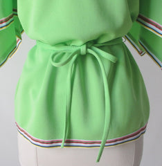 Vintage 70s Green Rainbow Trim Angel Sleeve Belted Top M - Bombshell Bettys Vintage