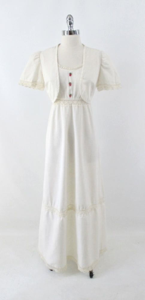 Vintage 70s Natural Cream Crochet Lace Maxi Dress & Matching Bolero M - Bombshell Bettys Vintage gallery