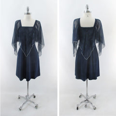 • Vintage 70s Navy Blue Sheer Angel Sleeve Party Dress L