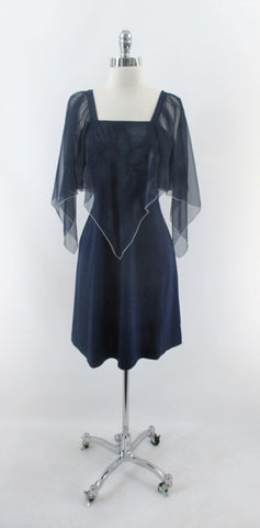 Vintage 70s Navy Blue Sheer Angel Sleeve Party Dress L