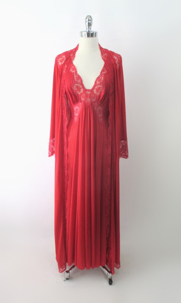 Vintage 1980s ROSE ROMANCE Dusty Pink OLGA Bodysilk Peignoir Nightgown Set  with Huge 200 Sweep