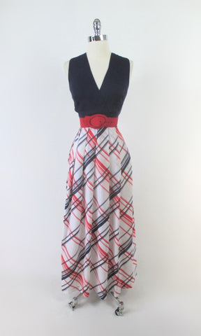Vintage 70s Red White Blue Plaid Skirt Maxi Dress M