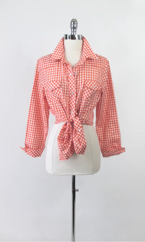 Vintage 70s Women's Red White Gingham Plaid Western Shirt S