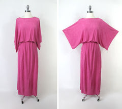 Vintage 70s Hot Pink Terry Cloth Grecian Maxi Dress / Cover Up L