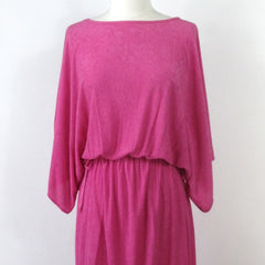 Vintage 70s Hot Pink Terry Cloth Grecian Maxi Dress / Cover Up L