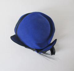 Vintage 80s Sylvia Blue Black Feather Hat /  Original Tags - Bombshell Bettys Vintage