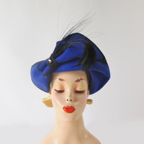 Vintage 80s Sylvia Blue Black Feather Hat /  Original Tags