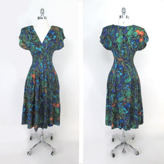 Vintage 80s / 50s Style Floral Full Skirt Day Dress XS