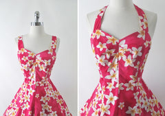 Vintage 80s 50s Style Royal Hawaiian Pink Plumeria Fit & Flare Dress S - Bombshell Bettys Vintage
