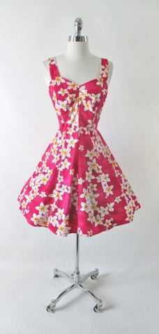 • Vintage 80s 50s Style Royal Hawaiian Pink Plumeria Fit & Flare Dress S