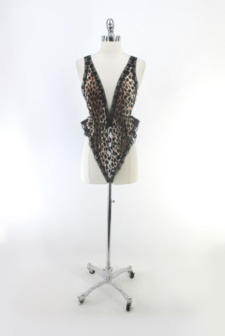 Vintage 80's High French Cut Black Lace Leopard Teddy M NOS
