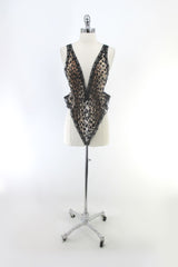 Vintage 80's High French Cut Black Lace Leopard Teddy S NOS