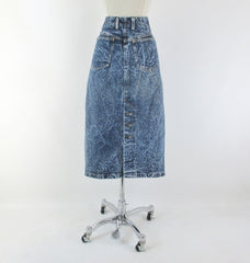 Vintage 90's Acid / leather washed tea length denim blue jean skirt M - Bombshell Bettys Vintage back