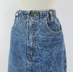 Vintage 90's Acid / leather washed tea length denim blue jean skirt M - Bombshell Bettys Vintage left