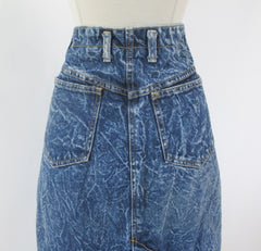 Vintage 90's Acid / leather washed tea length denim blue jean skirt M - Bombshell Bettys Vintage pockets