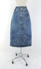 Vintage 90's Acid / leather washed tea length denim blue jean skirt M - Bombshell Bettys Vintage gallery