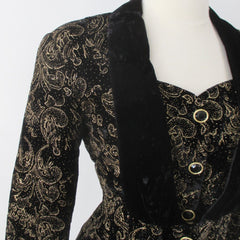 Vintage 80s Shimmering Gold Flocked Black Velvet Jacket & Vest S