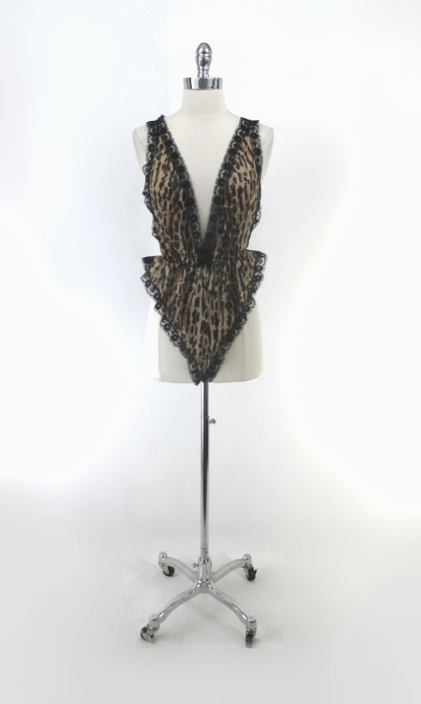 Vintage 80's French Cut Black & Tan Leopard Teddy L NOS