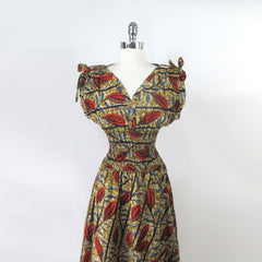 Vintage Batik Flower Full Skirt Day Dress L