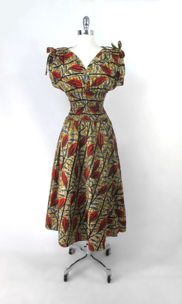 Vintage Batik Flower Full Skirt Day Dress L