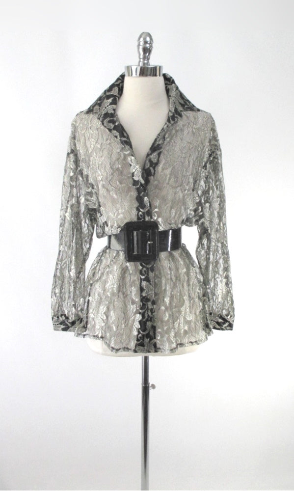 Vintage 90's Silver & Black Lace Oversize Blouse