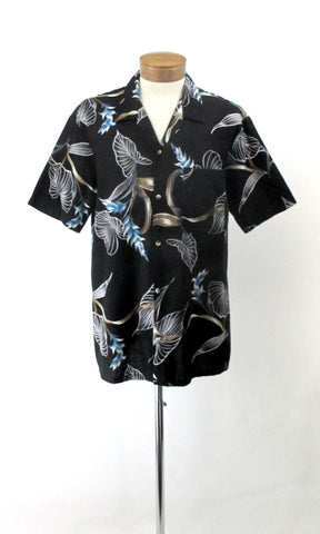Vintage 80s Hawaii Blues Black Hawaiian Shirt L