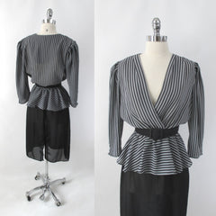 Vintage 80s Grey Black Stripe Peplum Dress & Matching Belt