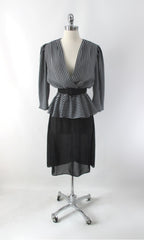 Vintage 80s Grey Black Stripe Peplum Dress & Matching Belt