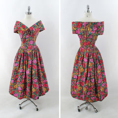 vintage 80s Laura Ashley style floral off shoulders full skirt tea dress bombshell bettys vintage full