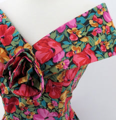 vintage 80s Laura Ashley style floral off shoulders full skirt tea dress bombshell bettys vintage straps