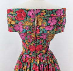 vintage 80s Laura Ashley style floral off shoulders full skirt tea dress bombshell bettys vintage back