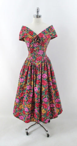 Vintage 80s Floral Off The Shoulders Full Skirt Tea Dress L
