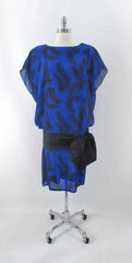 Vintage 80s New Wave Blue Drop Waist Big Bow Party Dress L