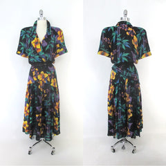 Vintage 80s Golden Hibiscus Tropical Day Dress L