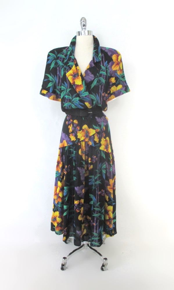 Vintage 80s Golden Hibiscus Tropical Day Dress L