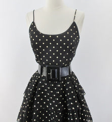 Vintage 80s Black White Polka Dot Tiered Party Dress S