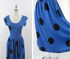 vintage 80s 50 inspired blue big black polka dot  swing skirt jersey day dress bombshell bettys vintage bodice