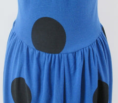 vintage 80s 50 inspired blue big black polka dot  swing skirt jersey day dress bombshell bettys vintage pleats
