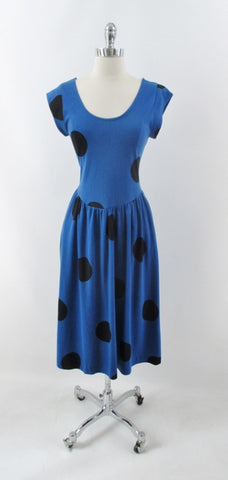 Vintage 80s Blue Black Polka Dot Jersey Day Dress S