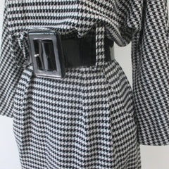 Vintage 80's Black White Houndstooth Button Back Dress M