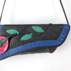 Vintage 80s Leather 3D Flower Handbag / Cross Body / Clutch Bag