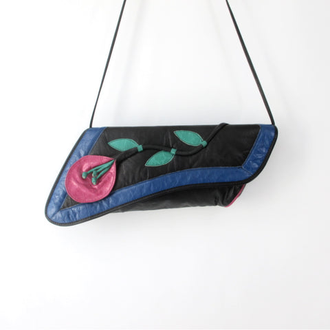 Vintage 80s Leather 3D Flower Handbag / Cross Body / Clutch Bag