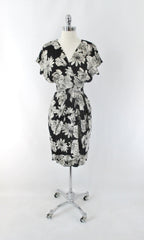 Vintage 80s Black White Roses Draped Hip Sheath Dress S