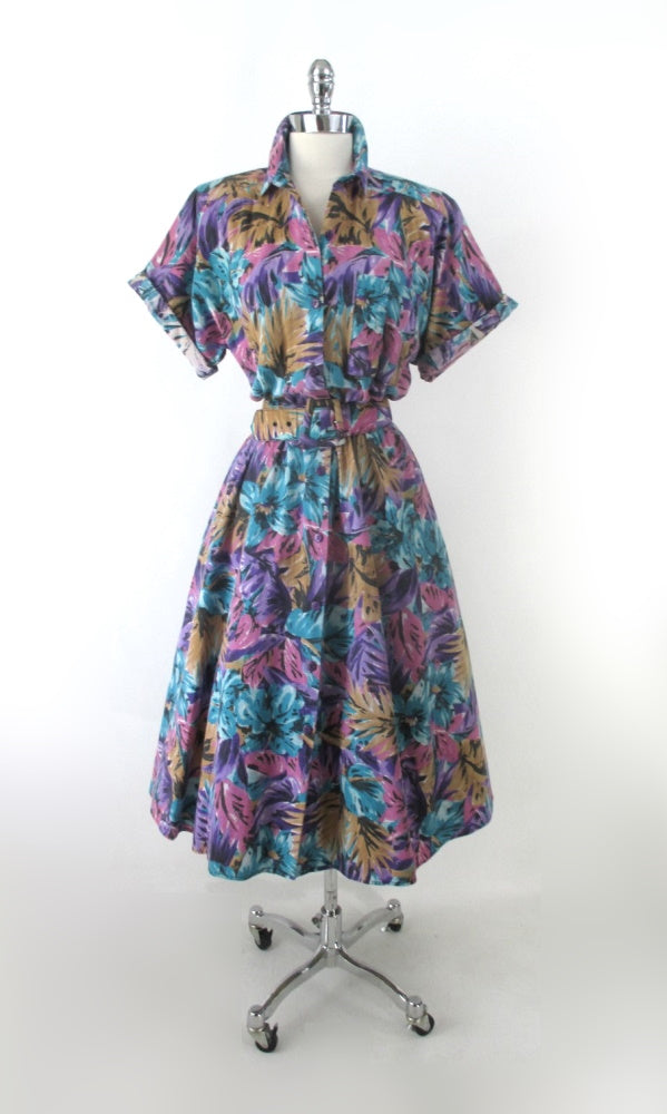 Vintage 80s Tropical Floral Full Skirt Day Dress M