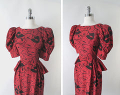 Vintage 80s 40s Style Glam Red Puff Sleeve Peplum Dress S - Bombshell Bettys Vintage