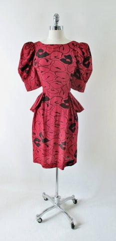 Vintage 80s 40s Style Glam Red Puff Sleeve Peplum Dress S