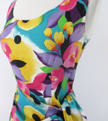 vintage 90s glam bright floral flower sheath sarong dress  LA Chic USA bombshell bettys vintage bust
