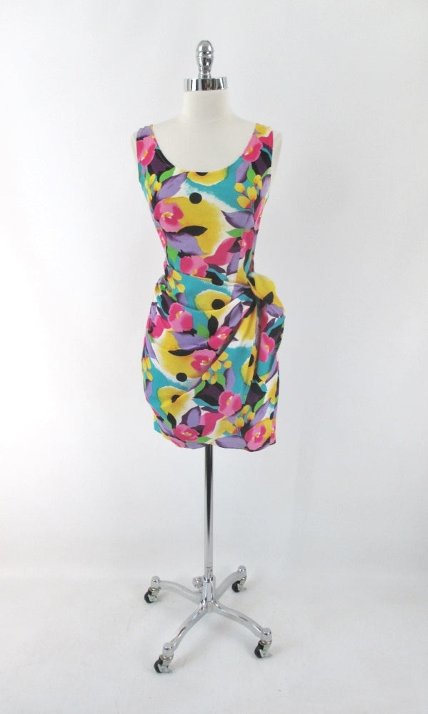vintage 90s glam bright floral flower sheath sarong dress  LA Chic USA bombshell bettys vintage gallery