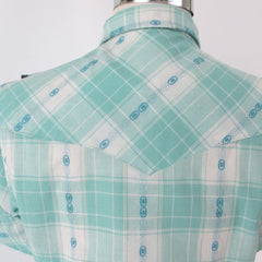 Vintage 50s 60s Women's Trail Ridge Aqua Plaid Ruffled Western Shirt S